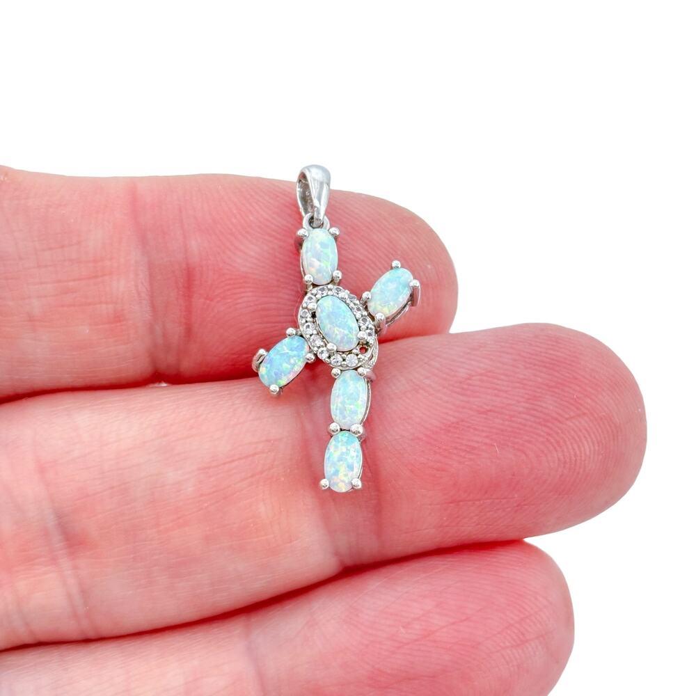 Vintage Sterling Silver 925 Opal Cubic Zirconia (missing 1 stone) Cross Pendant